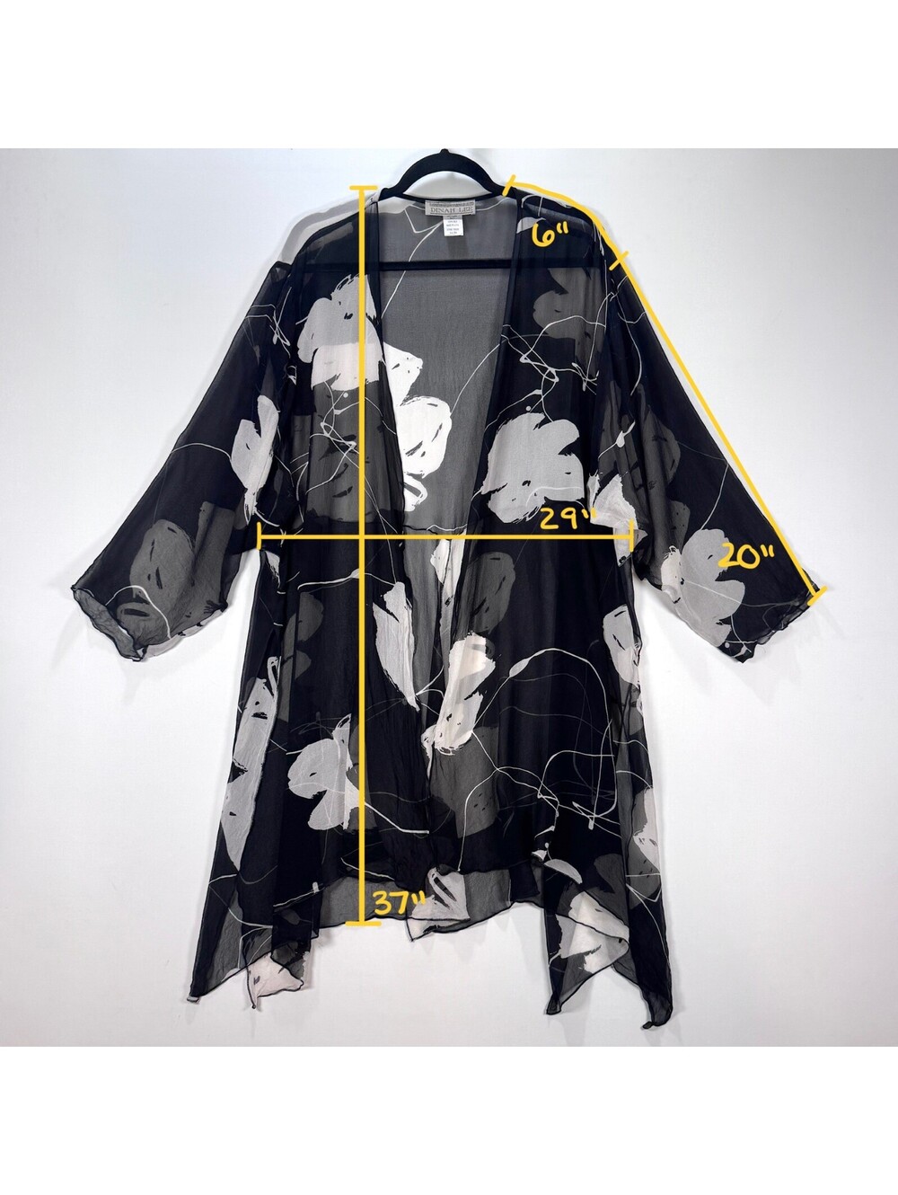 Dinah Lee 100% Silk Sheer Black/White Kimono 1X-3X - Picture 7 of 7